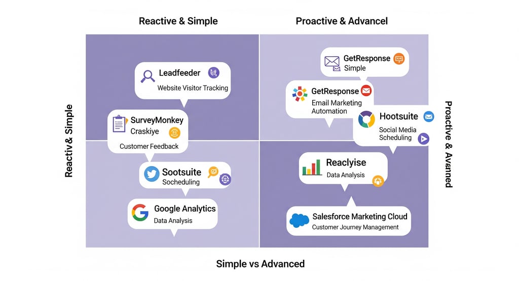 2x2 matrix comparing different marketing solutions on a reactive vs. proactive and simple vs advance