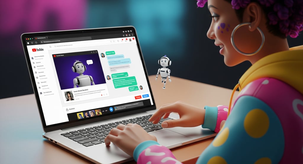 A colorful human chatting with a chatbot on a YouTube channel displayed on a laptop.