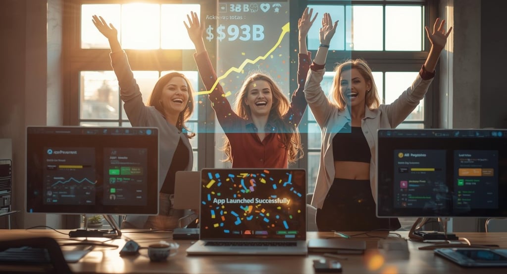 Entrepreneurs celebrating successful agentic AI app launch and growth