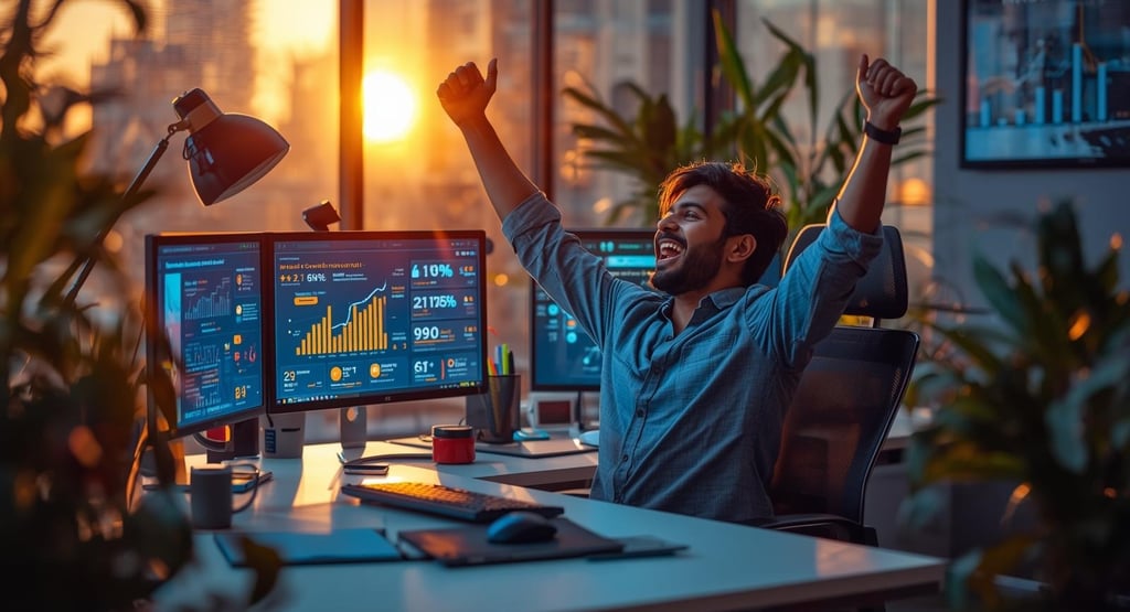 Successful entrepreneur celebrating AI tool business growth and achievements