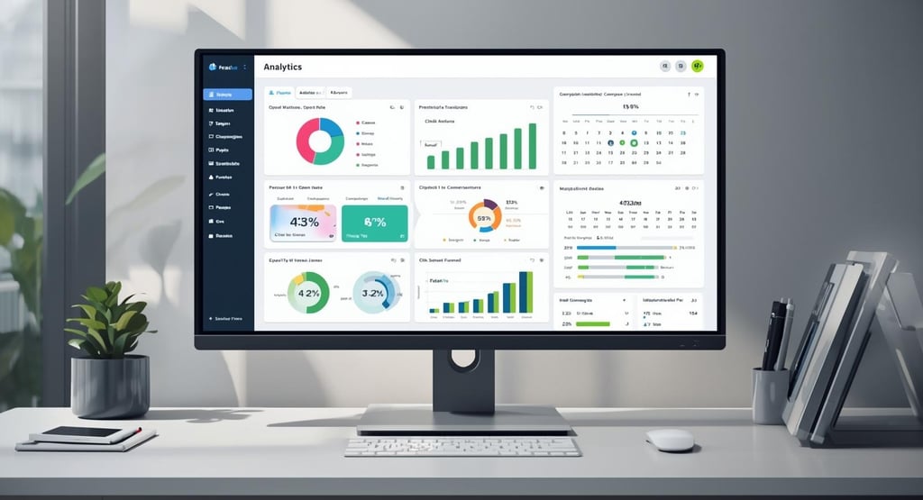 Email marketing analytics dashboard showing conversion metrics and graphs