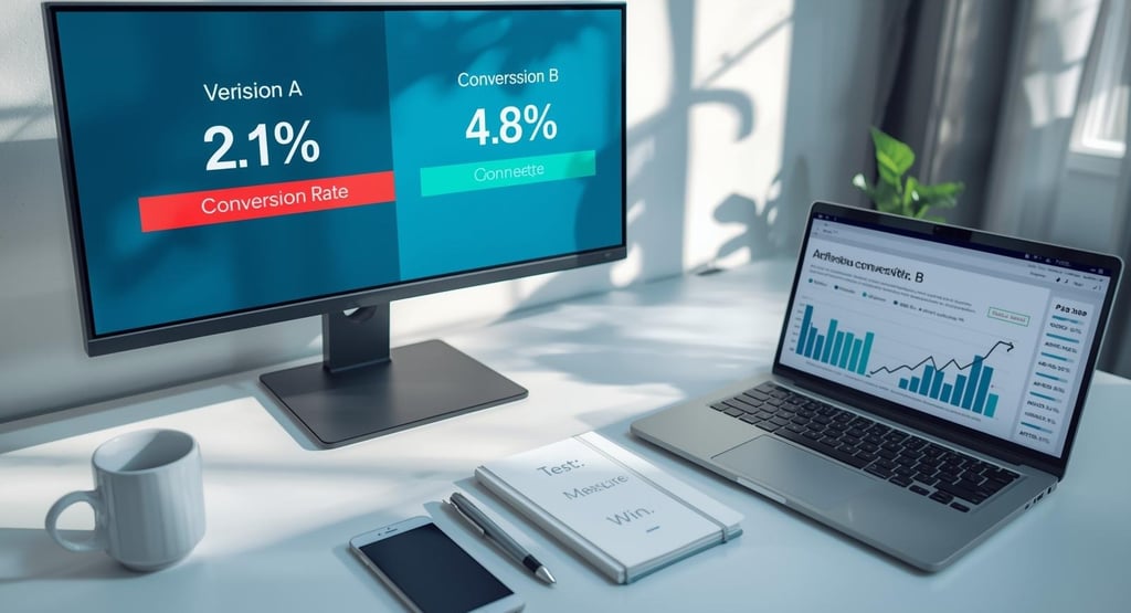 A/B testing comparison on monitor showing version performance and conversion rates