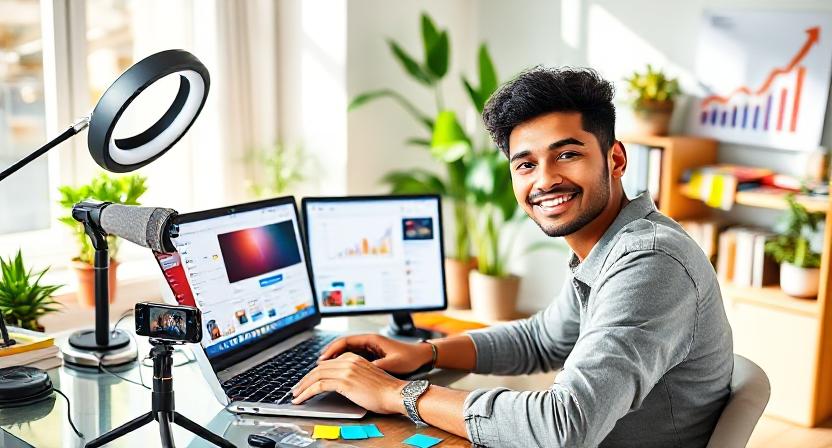 Young professional working on content creation at a desk with ring light and microphone.