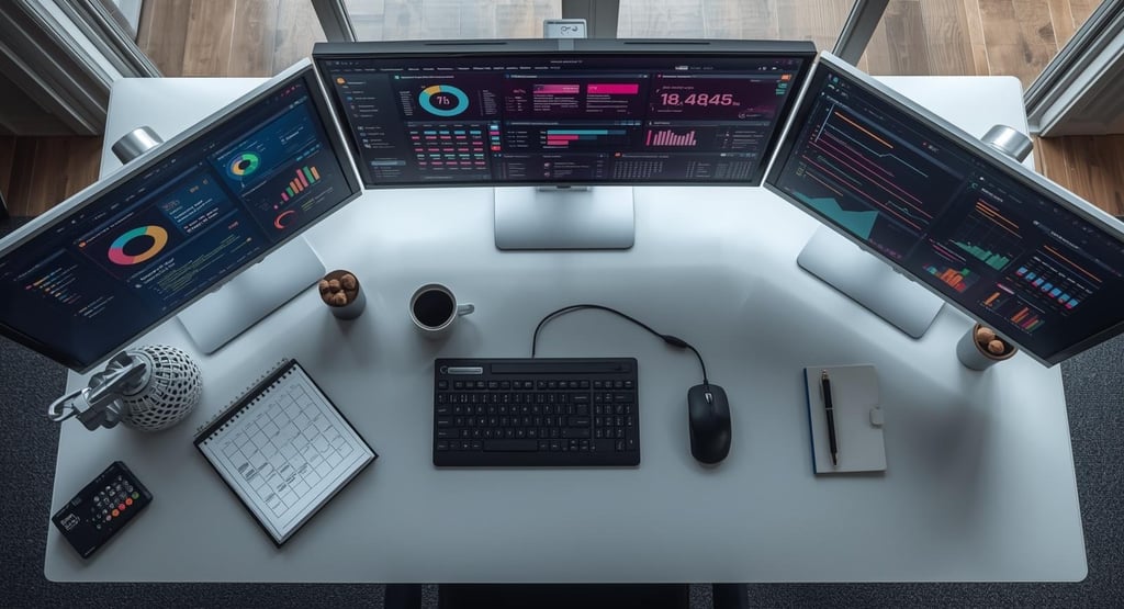 Full-time business setup with multiple monitors and analytics dashboards