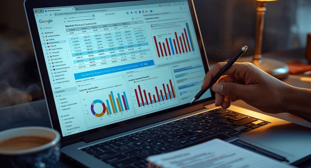 Market research analysis on laptop screen with graphs