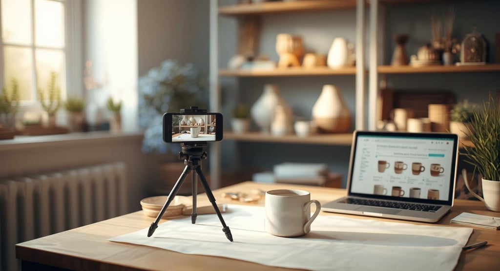 Handmade product photography setup with smartphone and crafts