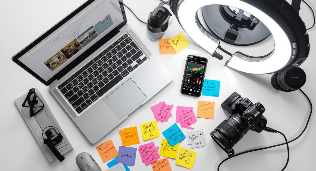 Content creator workspace with laptop and camera equipment