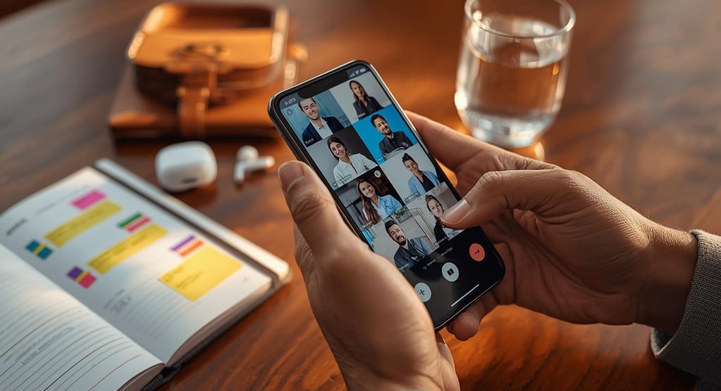 Video call on smartphone with planner and workspace behind