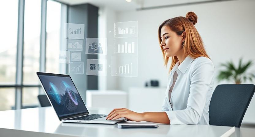Professional woman using Gamma AI presentation tool with holographic interface elements