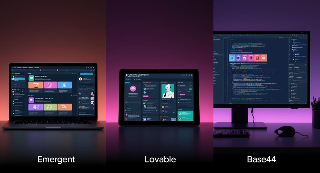 Multiple vibe coding platforms displaying visual AI app development interfaces