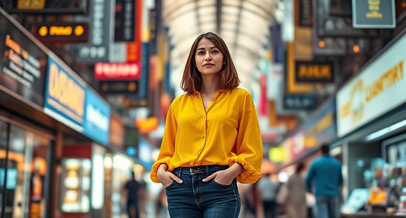 Woman standing out in a vibrant digital marketplace