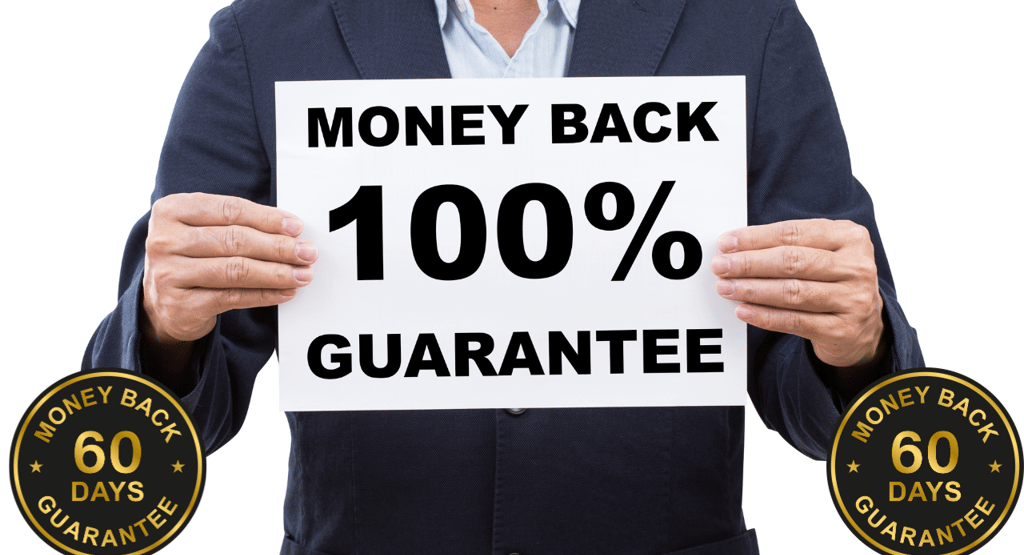 a man holding a sign that says money back 100% guarantee and 60 days money back guarantee