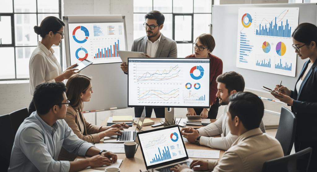 Business team reviewing charts and graphs in a data analysis meeting