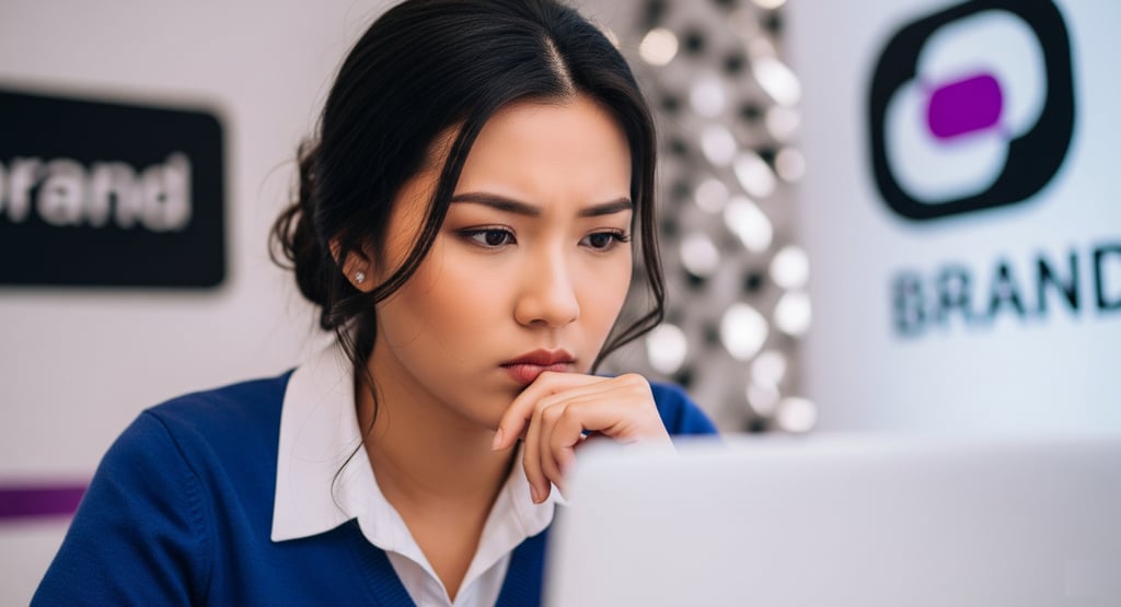 A focused woman in purple and white looking thoughtfully at a laptop screen.