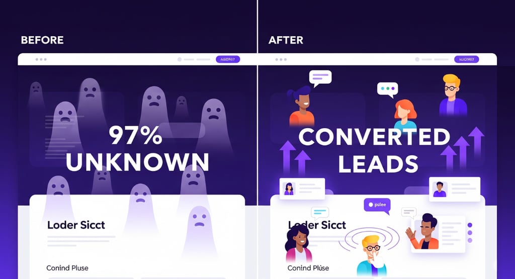 Split-screen showing anonymous website visitors on the left and converted leads on the right.