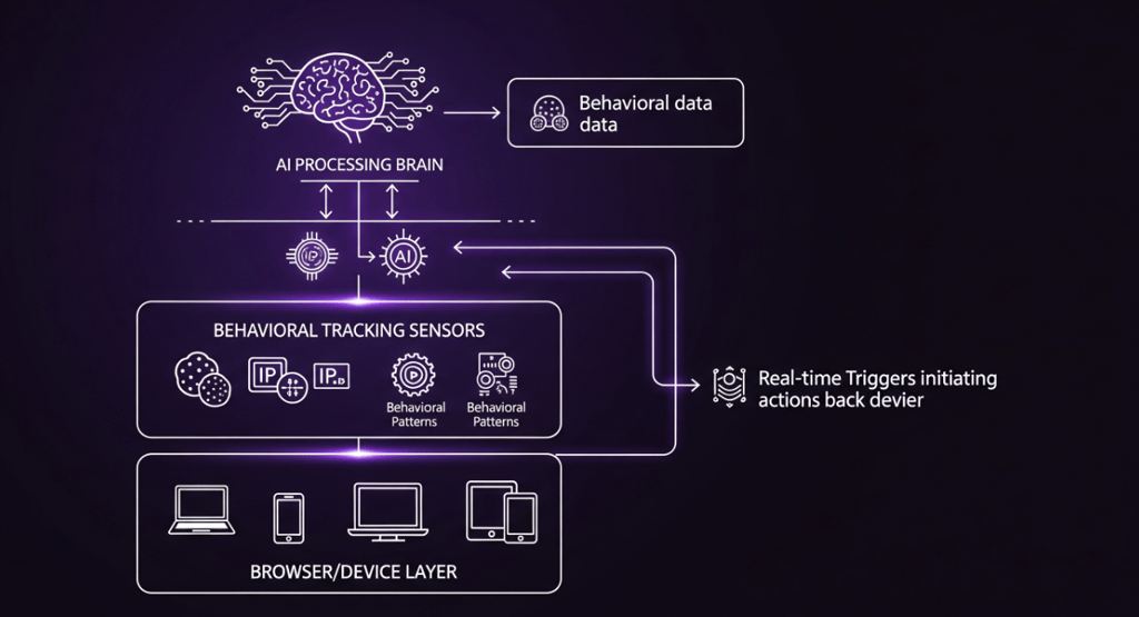 Tech stack illustration showing data flowing through behavioral tracking, to an AI processing brain.