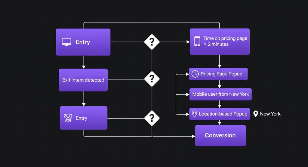 Flowchart illustrating a visitor's journey on a website, with trigger points and a path to convert