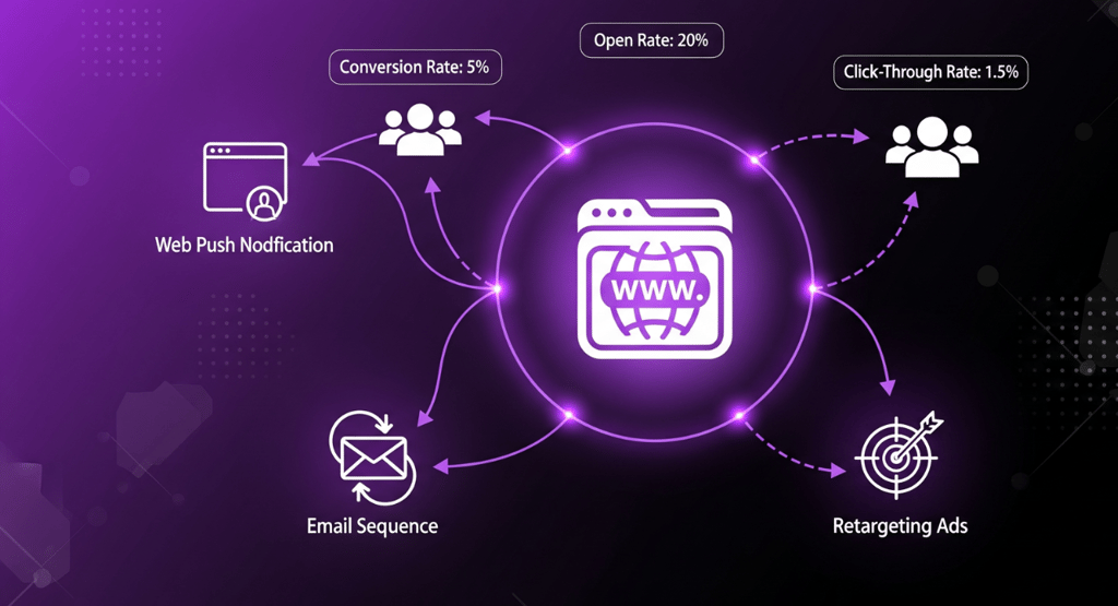 Infographic showing a central website surrounded by multiple communication channels and target ads 