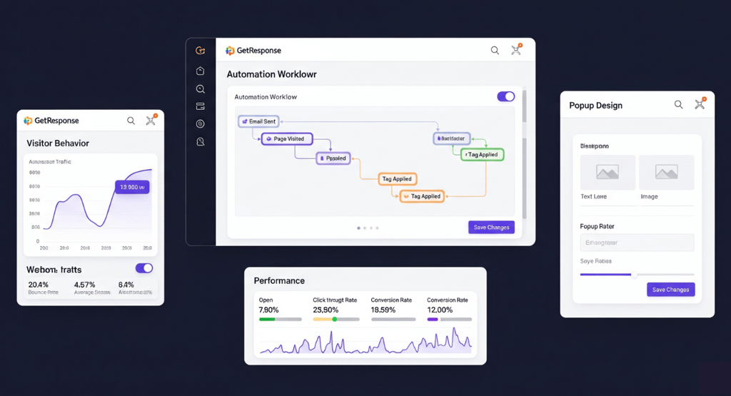 GetResponse Dashboard showing screens for website visitor analytics and automation workflow system