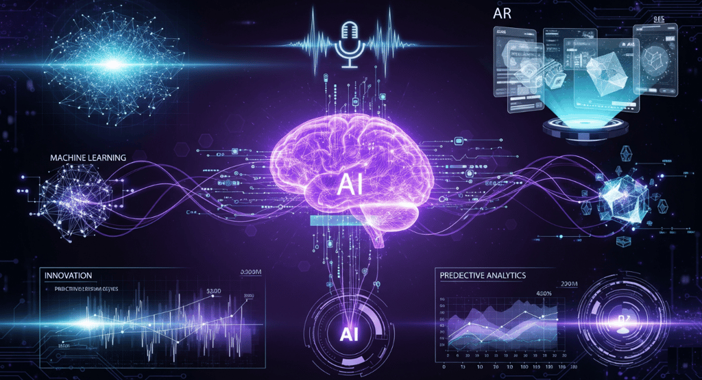 A collage with an AI brain at the center, surrounded by machine learning, voice, and AR tech icons.