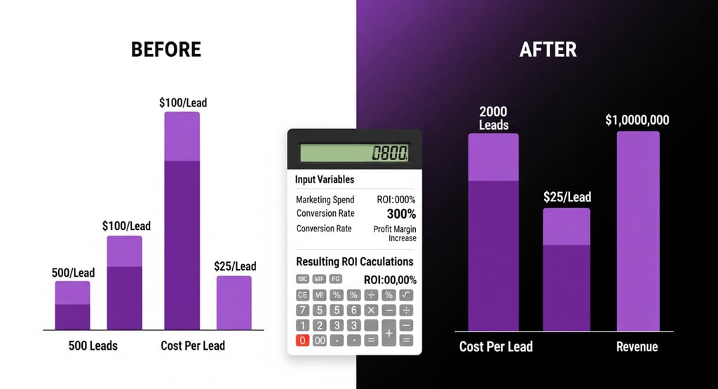 Before & after comparison of biz metrics, showing increased leads & revenue, with an ROI calculator