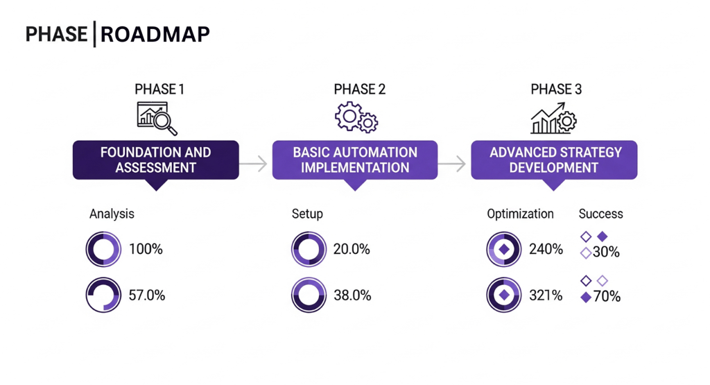 A 3-phase roadmap showing milestones for a marketing automation implementation.