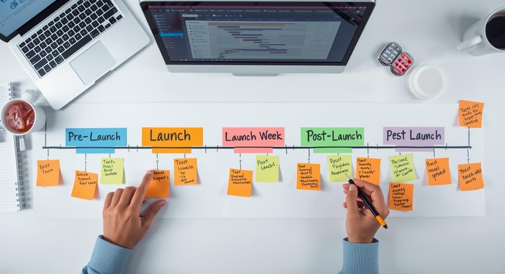 Product launch A/B testing timeline showing three testing phases