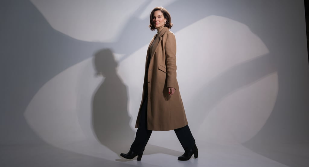 a woman in a coat and heels walking down a white floor