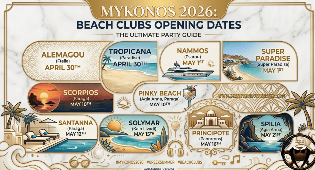 Mykonos 2026: Beach Clubs Opening Dates-SZS Mykonos Transfer-Mykonos Beach Clubs Opening Dates 2026