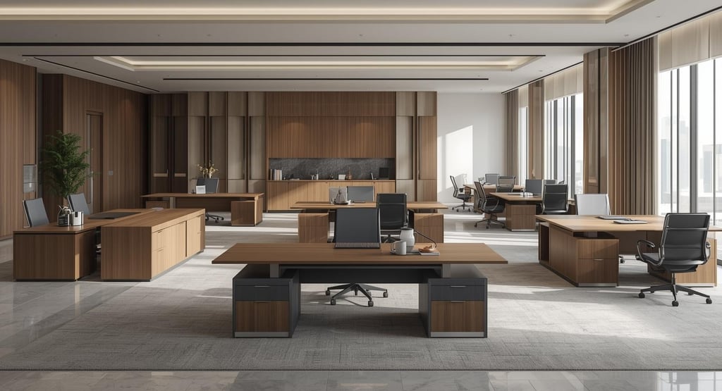 a modern office with a large wooden desk and a large window