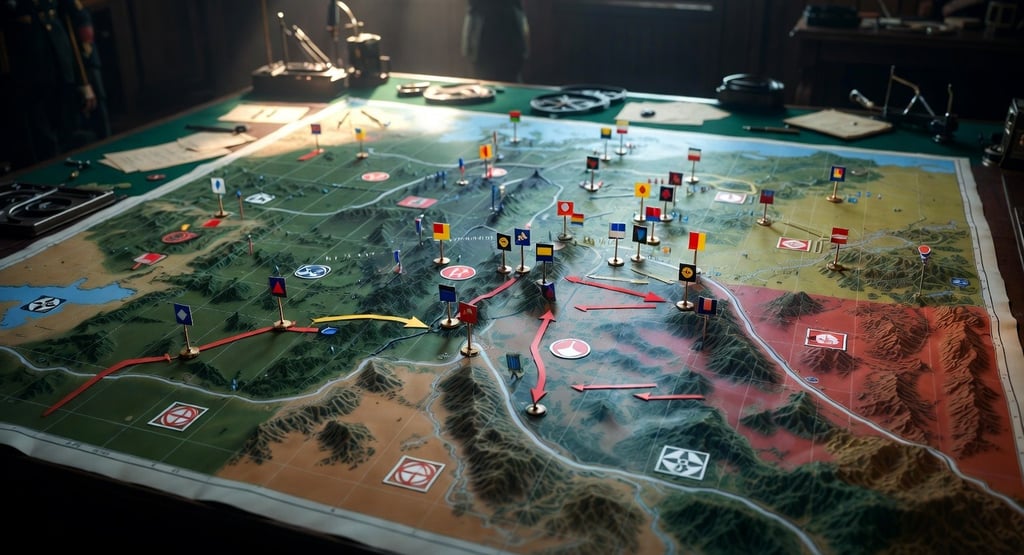 Vintage military strategy map with tactical markers and terrain details on a table.