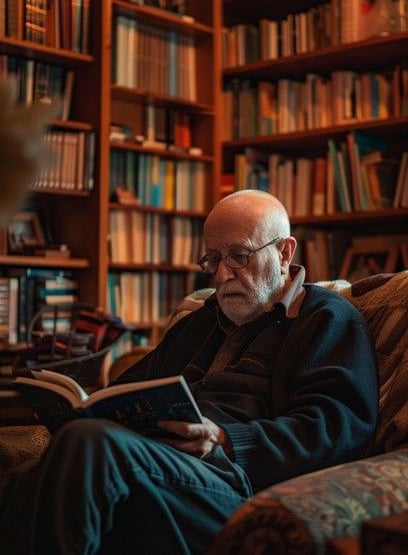 a man sitting on a couch in a library