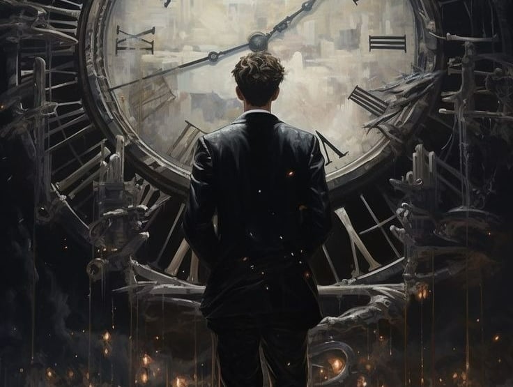 a man standing in front of a clock tower