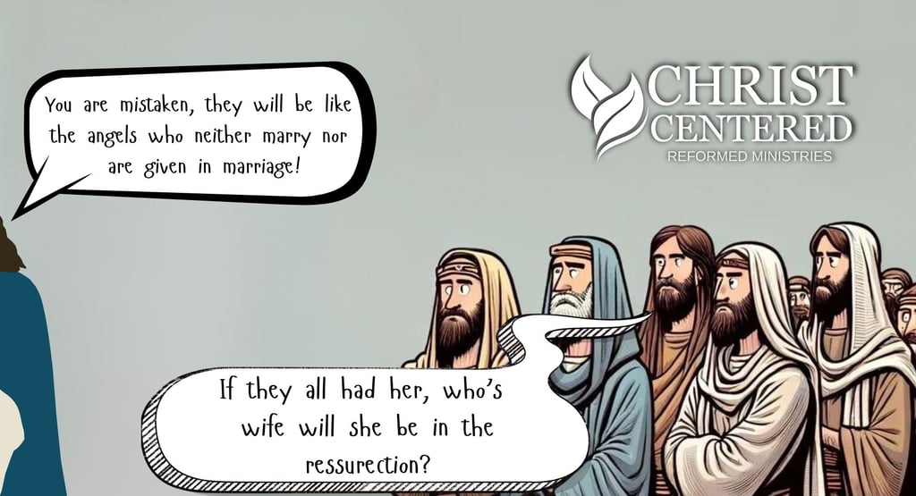 a cartoon of Jesus explaining to the Sadducees that angels by nature do not marry.