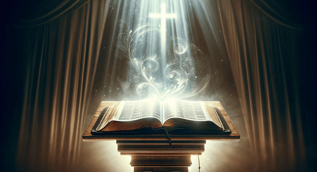 Open Bible on wooden pulpit illuminated by soft light with cross silhouette in background.