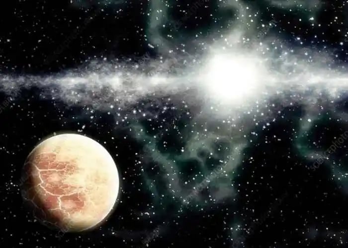 A desert planet with a cracked surface orbits a bright star within a glowing nebula and star field.