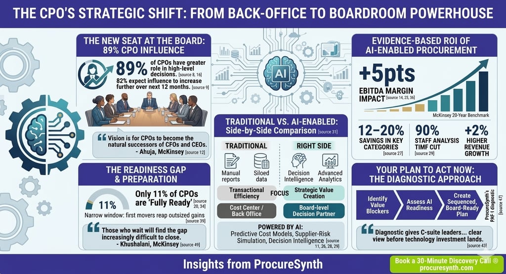 Infographic showing the CPO strategic shift from back-office to AI-enabled boardroom powerhouse with procurement ROI