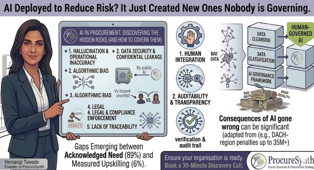 Infographic showing AI risks in procurement and governance strategies with expert Hemangi Tawade.
