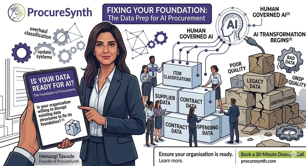 Infographic about data preparation for AI procurement featuring Hemangi Tawade of ProcureSynth.