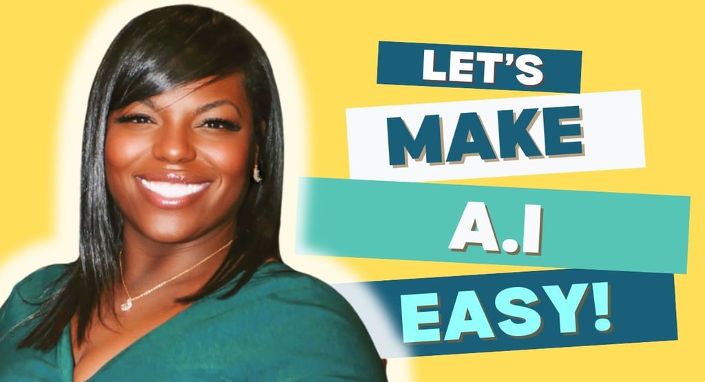 A woman wearing a green shirt and a yellow background with the words let's make AI easy