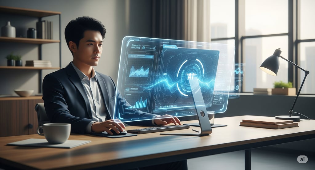 Uma pessoa usando um computador futurista com uma interface transparente de inteligência artificial,