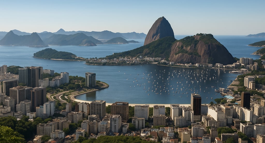 Vista aérea realista da cidade do Rio de Janeiro com destaque para o Pão de Açúcar, a Baía de Guanab