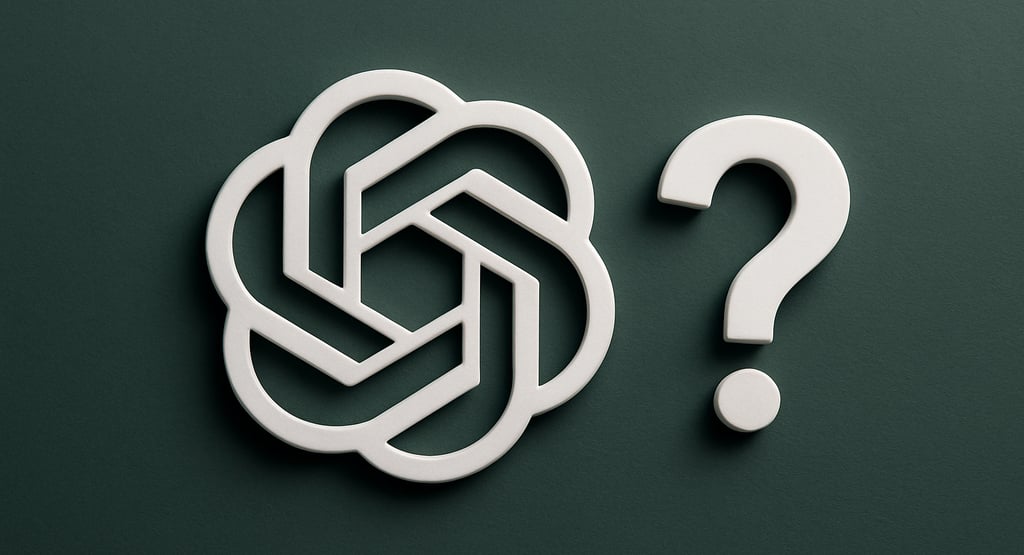 Logo 3D do ChatGPT branco ao lado de um ponto de interrogação em alto-relevo, sobre fundo verde escu