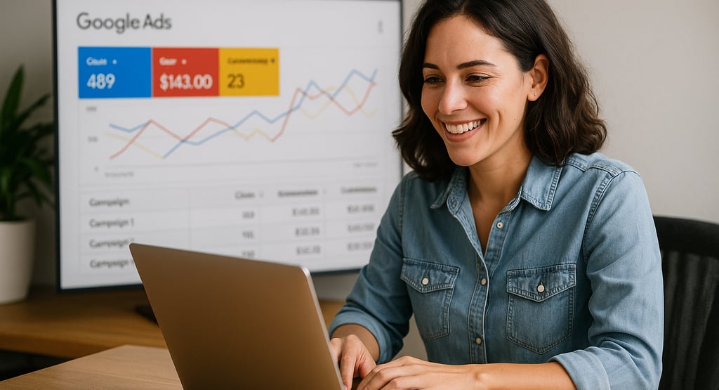 Mulher sorridente usando notebook em ambiente de escritório, com gráficos de desempenho do Google Ad