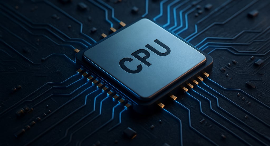Imagem realista de um processador moderno (CPU) montado em uma placa-mãe, com circuitos eletrônicos 