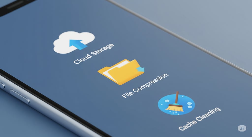 Tela de um smartphone exibindo três ícones principais: um representando armazenamento em nuvem, outr
