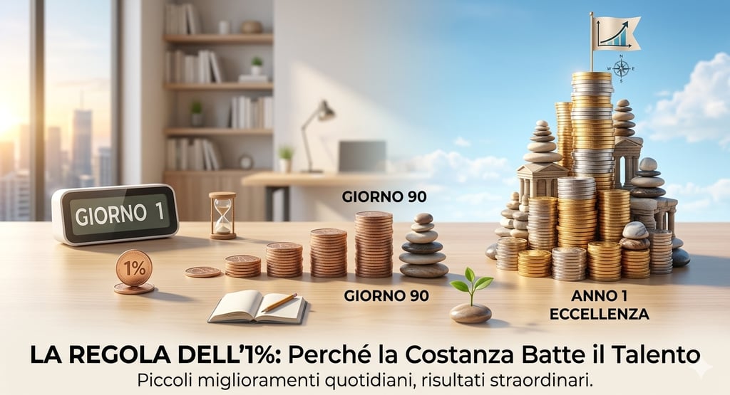 Impilare delle monete illustra la regola dell'1% e il potere dell'interesse composto e della costanz