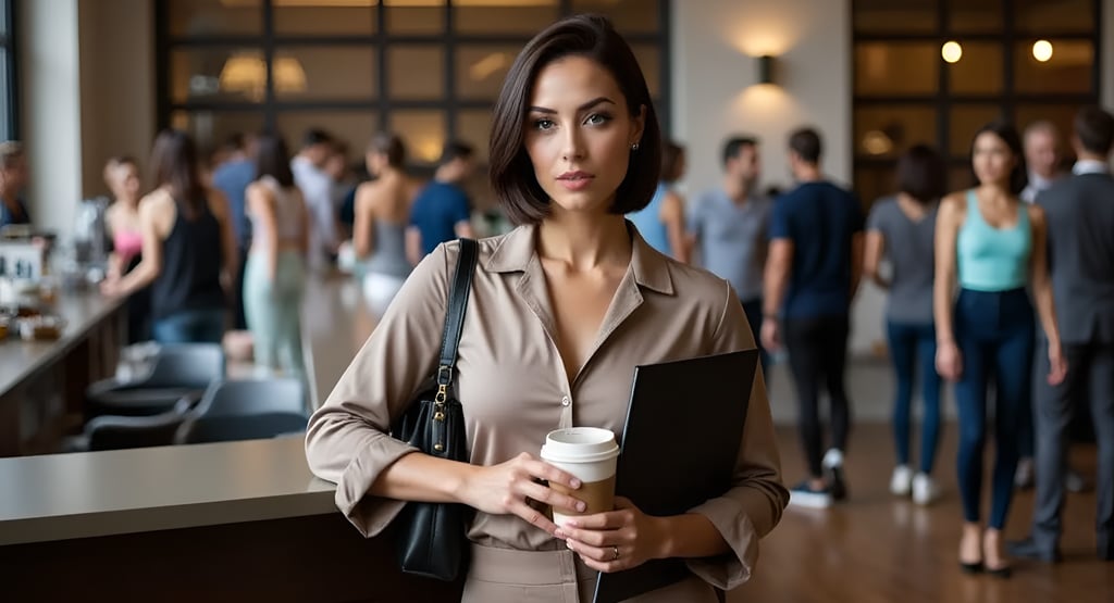 Vivienne at a café table in ivory blazer, reviewing notes with espresso.