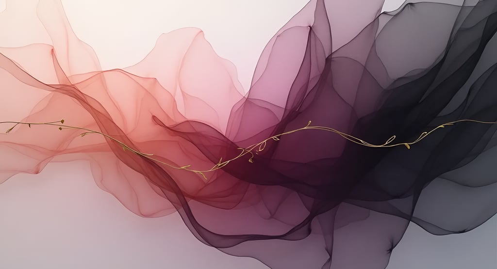 Abstract silk layers in blush and plum with gold thread weaving through