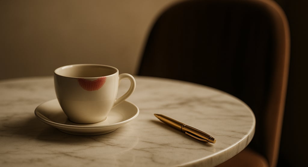 Lipstick cup and gold pen on marble table, chair pulled back slightly